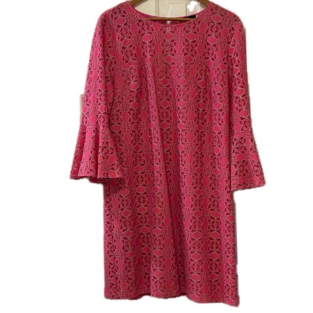 Trina Turk bright pink lace dress with bell sleeves. Fully lined. Size 14